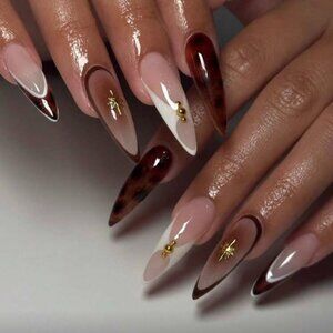 24pcs Long Leopard Print Ombre Brown & White w/ Gold Accents Press-On Nails New